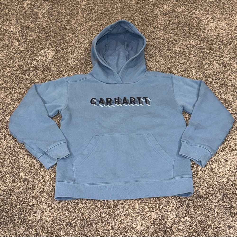 Carhartt Hoodie Youth Medium 10-12 Blue Pullover Fleece Logo Graphic Sweatshirt